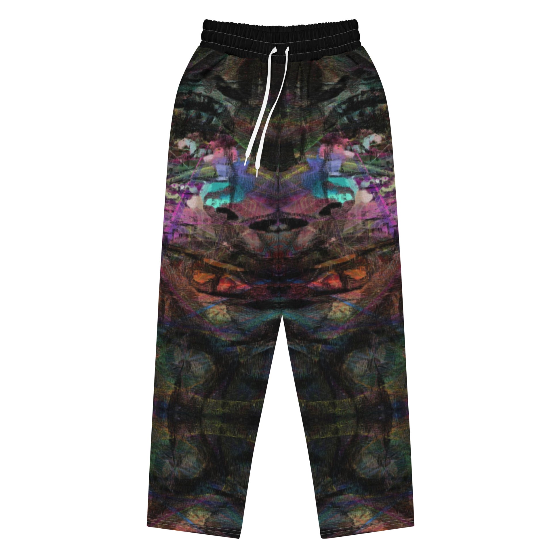Chromatic Dreams unisex recycled wide-leg joggers with vibrant abstract art print – Hipyfi streetwear Front-4