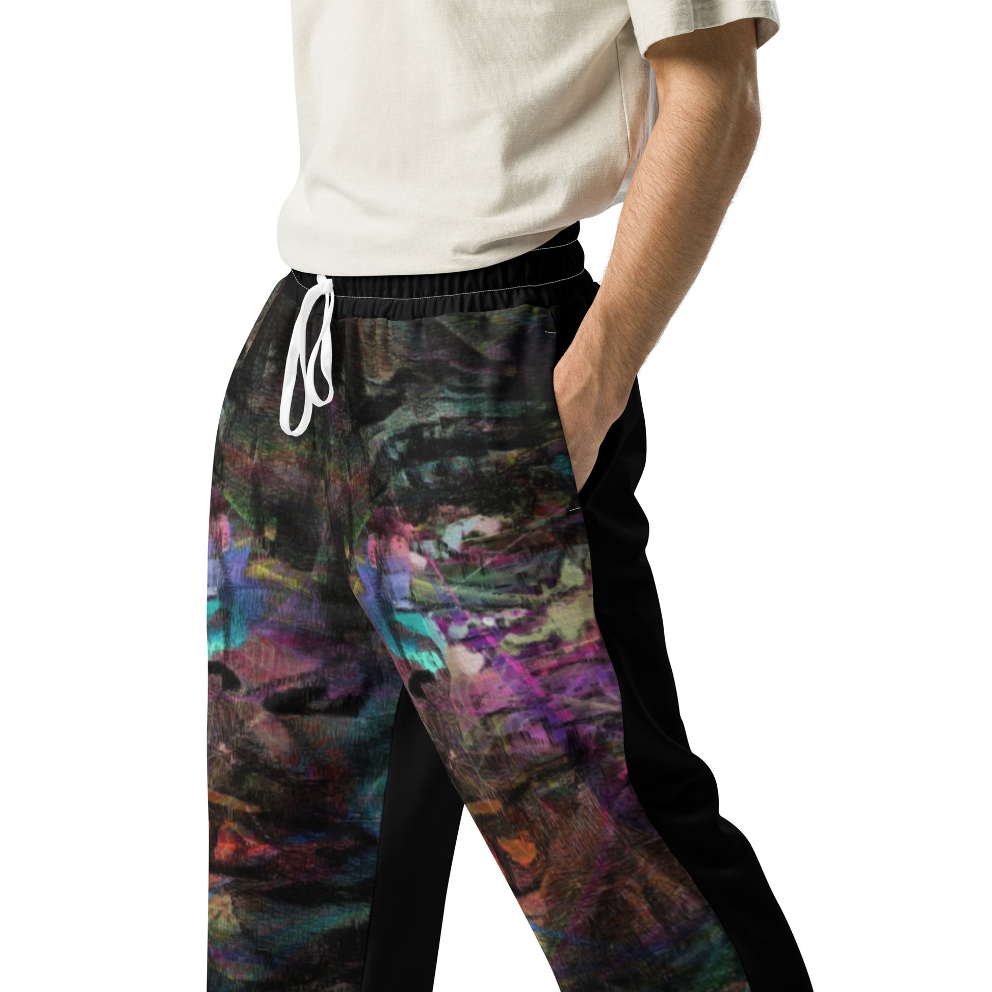 Chromatic Dreams unisex recycled wide-leg joggers with vibrant abstract art print – Hipyfi streetwear Left