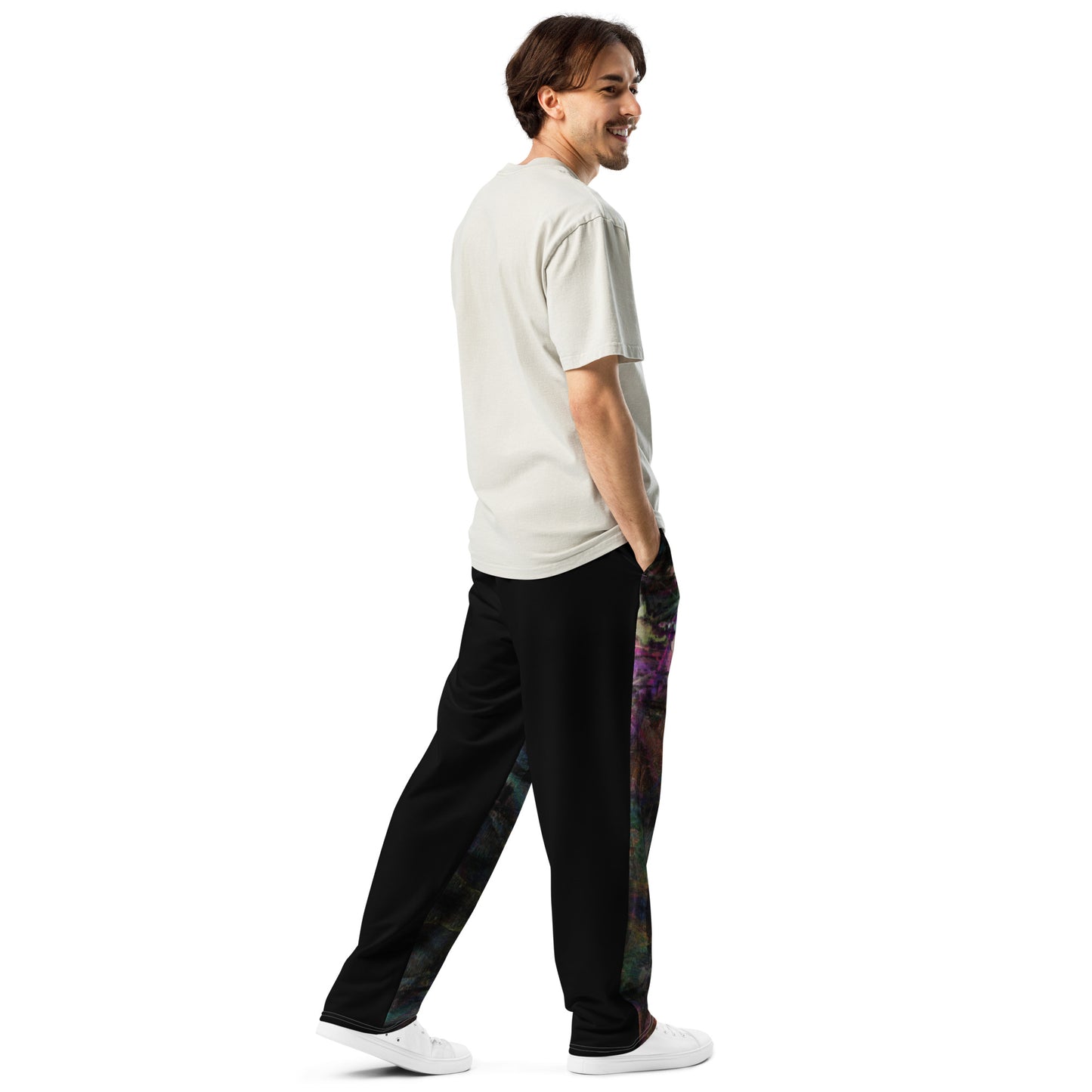 Chromatic Dreams unisex recycled wide-leg joggers with vibrant abstract art print – Hipyfi streetwear Right-Back