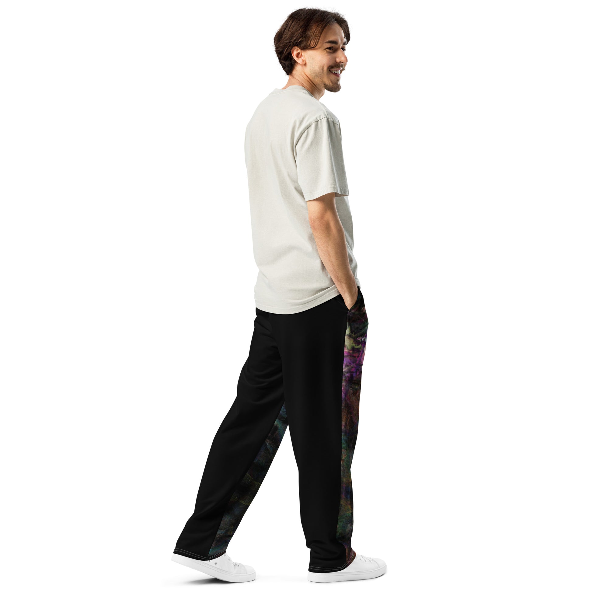 Chromatic Dreams unisex recycled wide-leg joggers with vibrant abstract art print – Hipyfi streetwear Right-Back