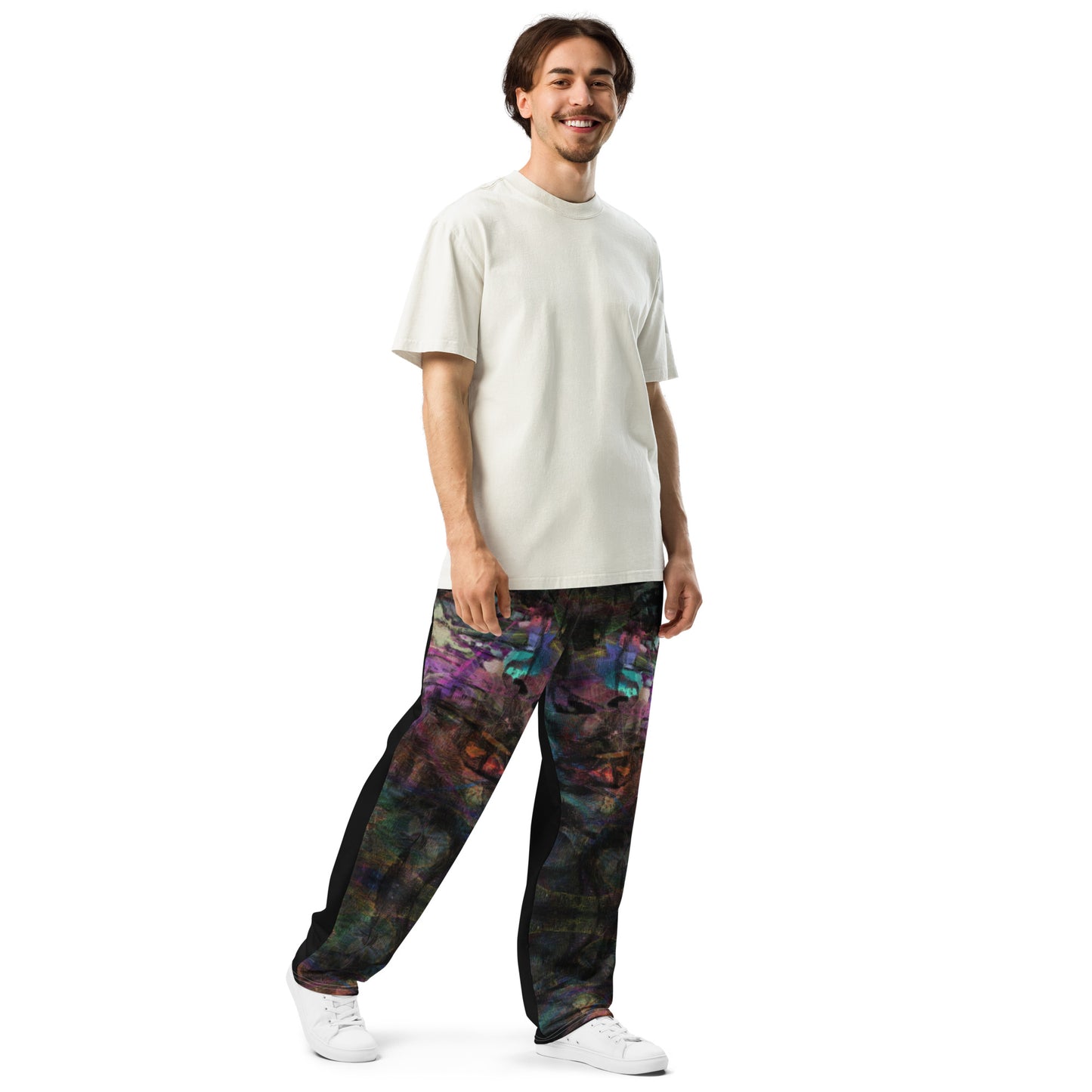 Chromatic Dreams unisex recycled wide-leg joggers with vibrant abstract art print – Hipyfi streetwear Right-Front