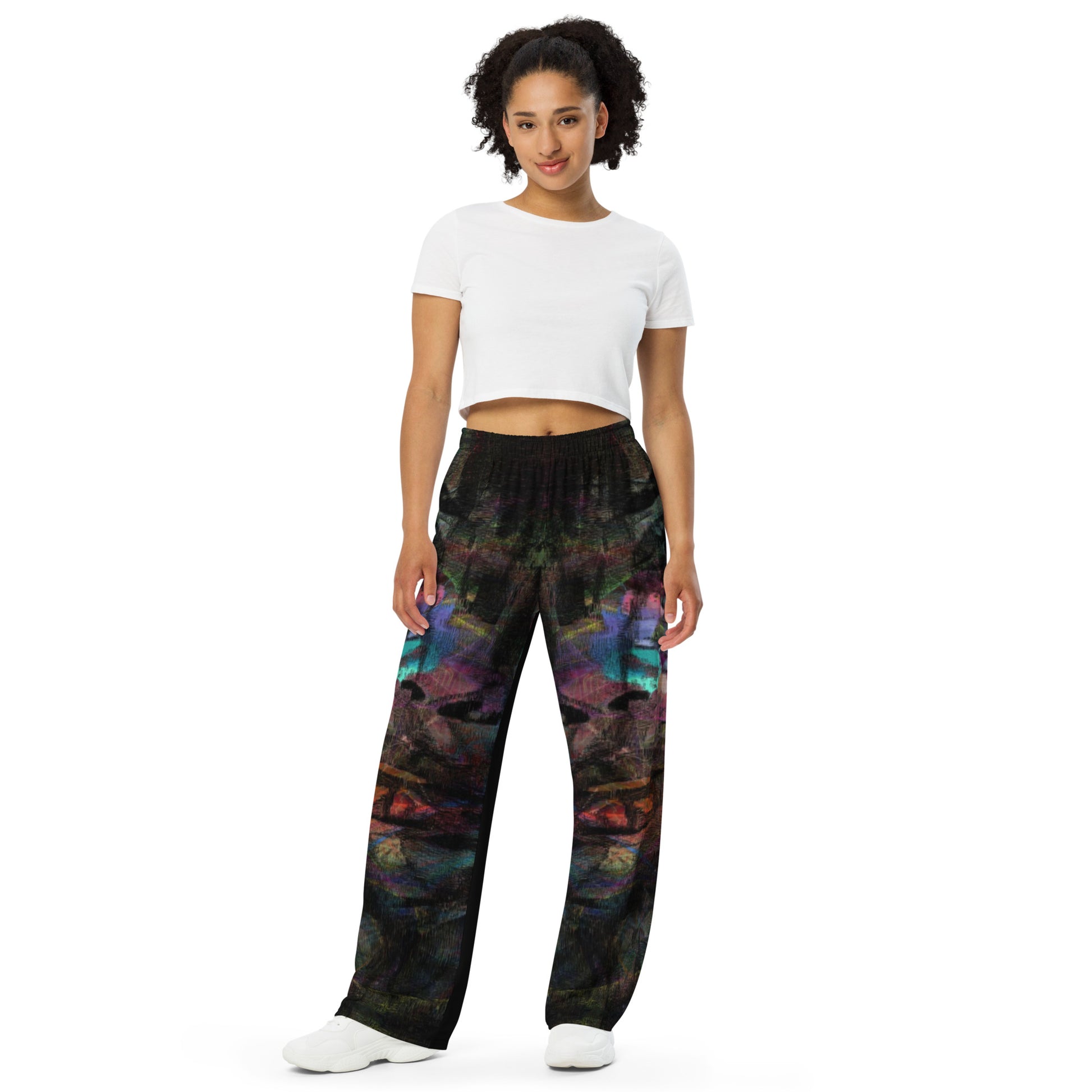 Hipyfi Chromatic Dreams Unisex Abstract Wide-Leg Pants in vibrant colors - modern art-inspired design for men and women, featuring a relaxed fit. front-3