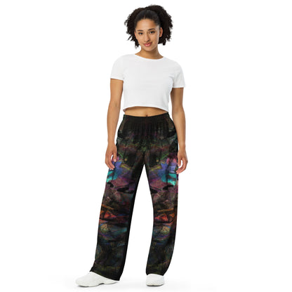 Hipyfi Chromatic Dreams Unisex Abstract Wide-Leg Pants in vibrant colors - modern art-inspired design for men and women, featuring a relaxed fit. front-3