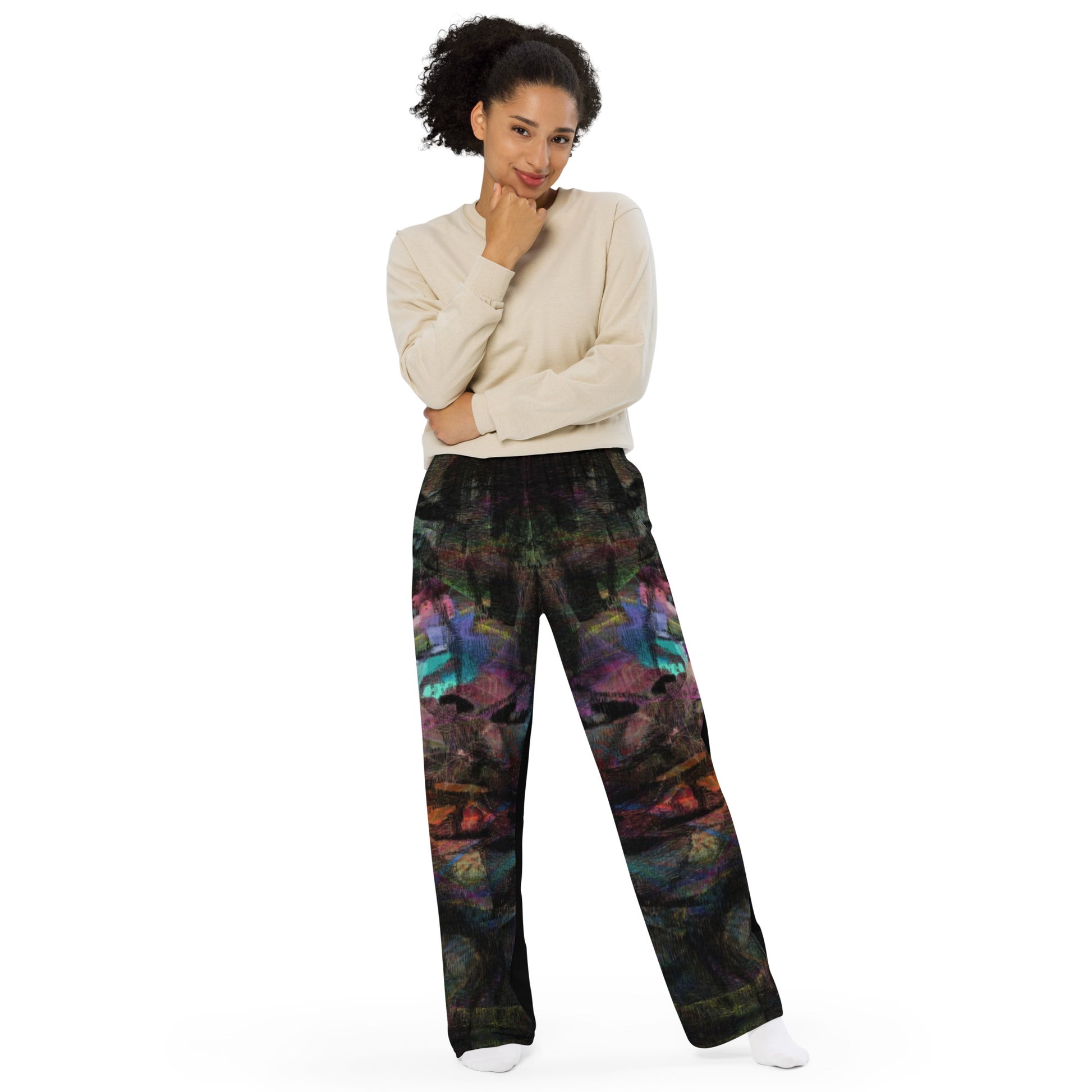 Hipyfi Chromatic Dreams Unisex Abstract Wide-Leg Pants in vibrant colors - modern art-inspired design for men and women, featuring a relaxed fit. front-2