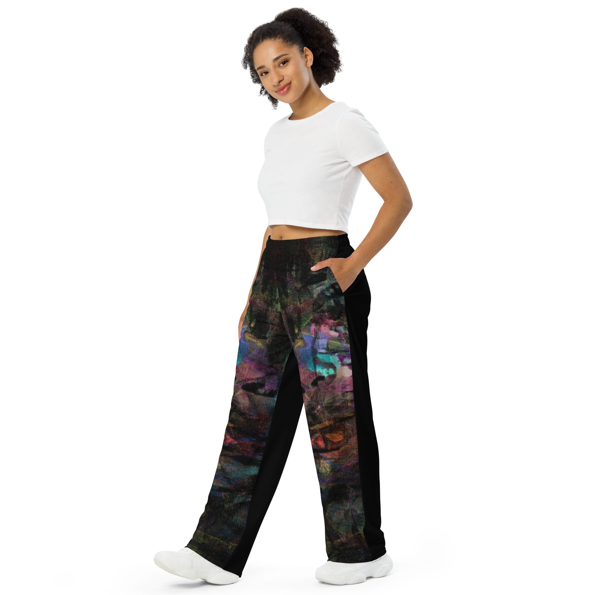 Hipyfi Chromatic Dreams Unisex Abstract Wide-Leg Pants in vibrant colors - modern art-inspired design for men and women, featuring a relaxed fit. left-front-2