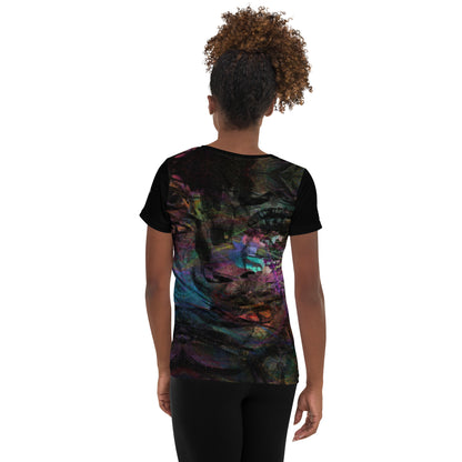 A woman in a vibrant Hipyfi Chromatic Dreams Athletic Tee. The artistic pattern blends, while the lightweight and performance-ready fit. back-2
