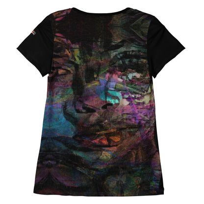 A woman in a vibrant Hipyfi Chromatic Dreams Athletic Tee. The artistic pattern blends, while the lightweight and performance-ready fit. back-4