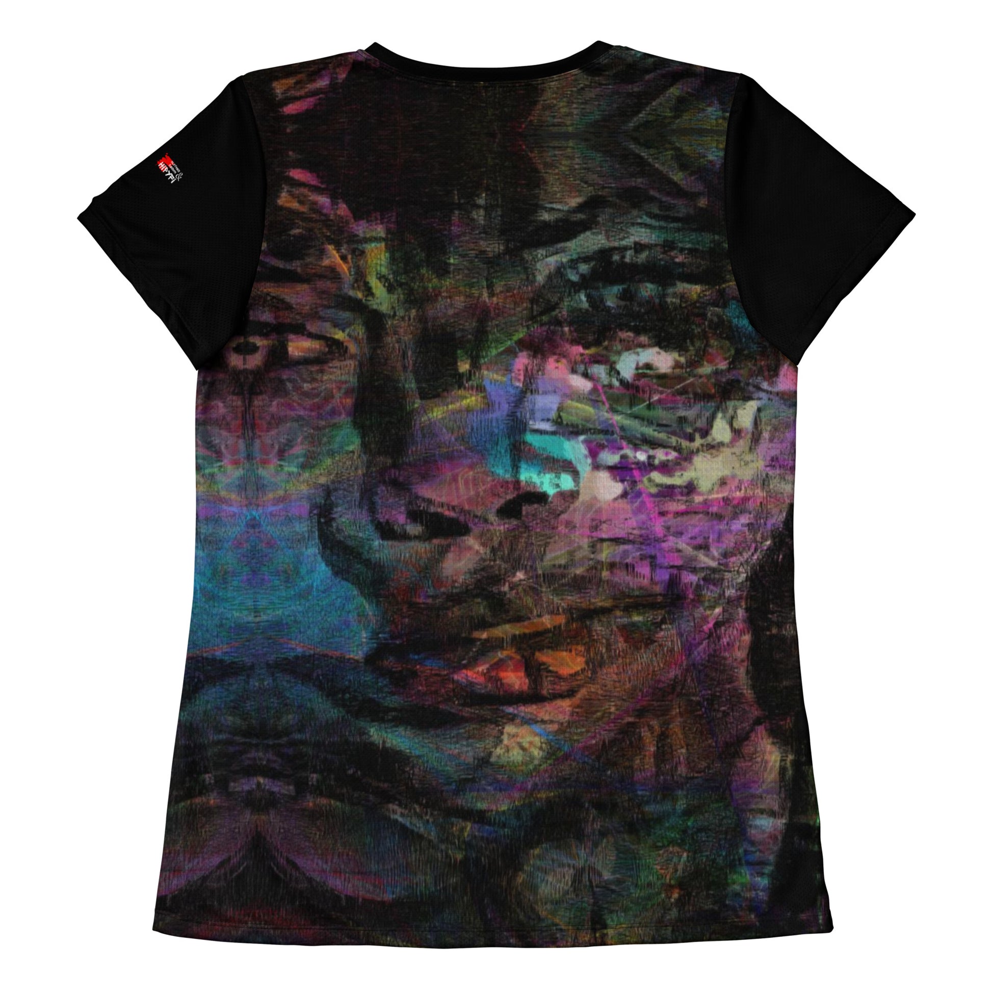 A woman in a vibrant Hipyfi Chromatic Dreams Athletic Tee. The artistic pattern blends, while the lightweight and performance-ready fit. back-5