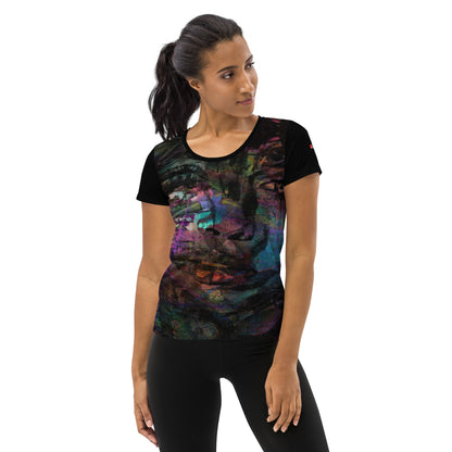 A woman in a vibrant Hipyfi Chromatic Dreams Athletic Tee. The artistic pattern blends, while the lightweight and performance-ready fit. front