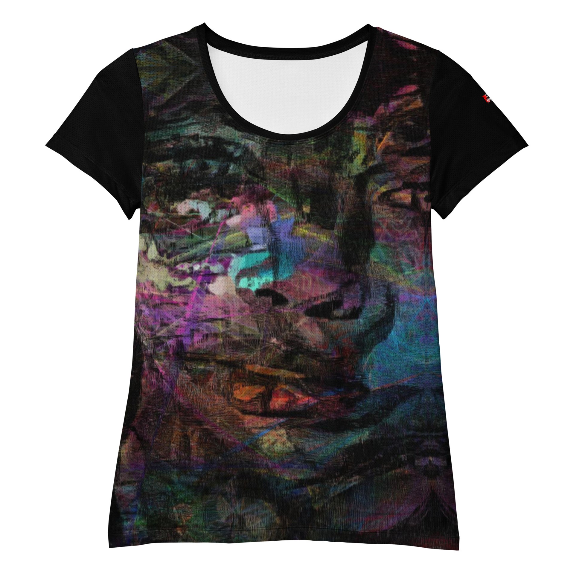 A woman in a vibrant Hipyfi Chromatic Dreams Athletic Tee. The artistic pattern blends, while the lightweight and performance-ready fit. front-4
