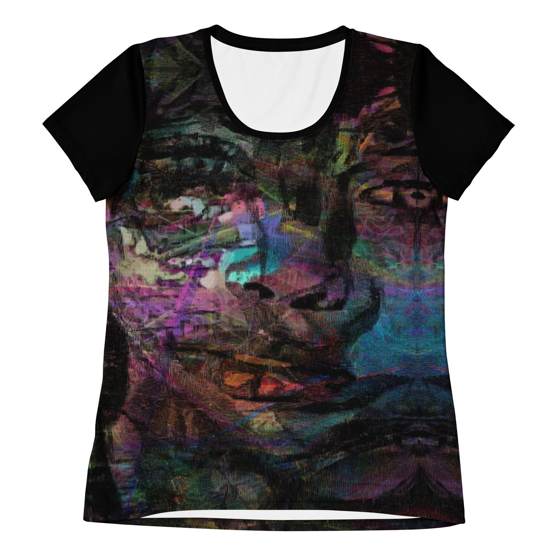 A woman in a vibrant Hipyfi Chromatic Dreams Athletic Tee. The artistic pattern blends, while the lightweight and performance-ready fit. front-5