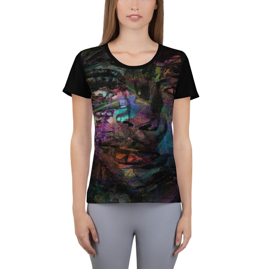 A woman in a vibrant Hipyfi Chromatic Dreams Athletic Tee. The artistic pattern blends, while the lightweight and performance-ready fit. front-6