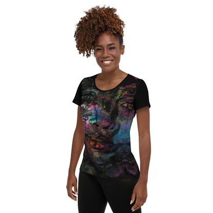 A woman in a vibrant Hipyfi Chromatic Dreams Athletic Tee. The artistic pattern blends, while the lightweight and performance-ready fit. left-2