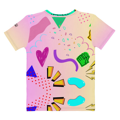 Hipyfi Women's Retro 80s Memphis Design Graphic Crew Neck Tee with vibrant pastel colors and bold typography. Back-6