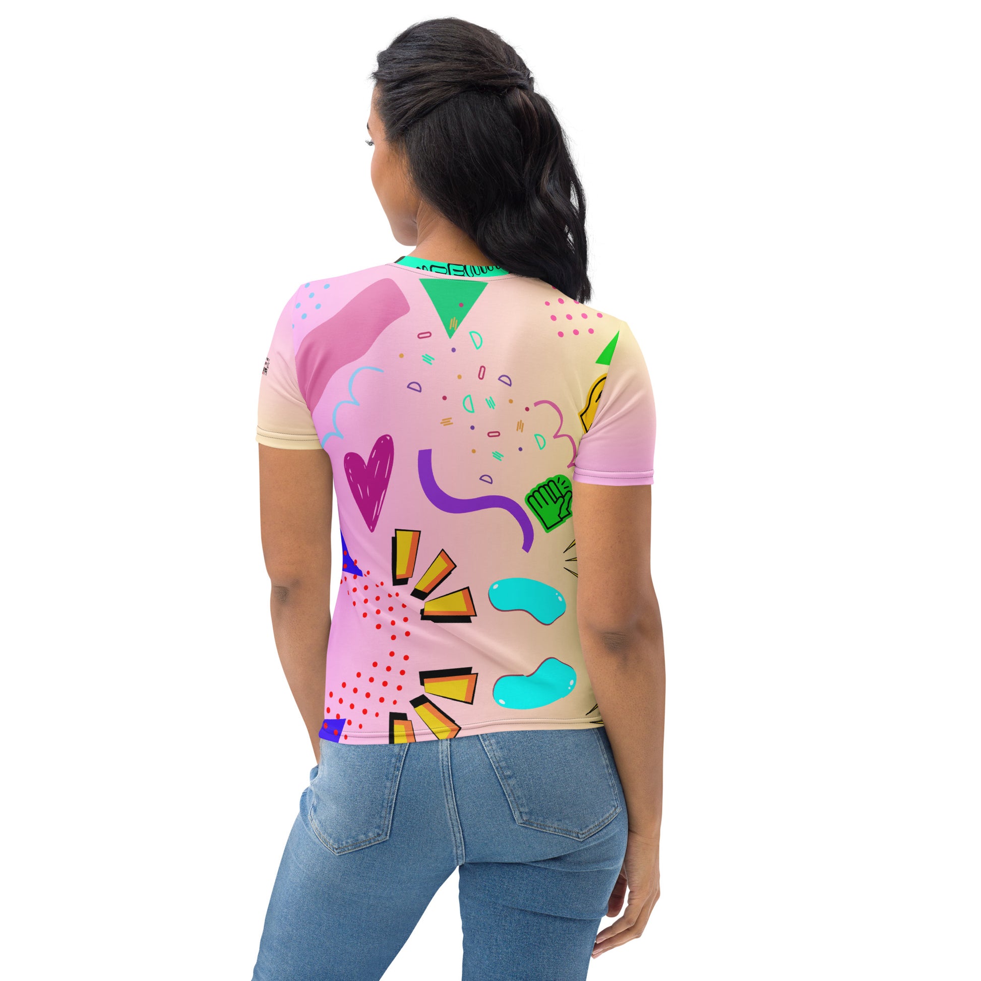Hipyfi Women's Retro 80s Memphis Design Graphic Crew Neck Tee with vibrant pastel colors and bold typography. Back-3