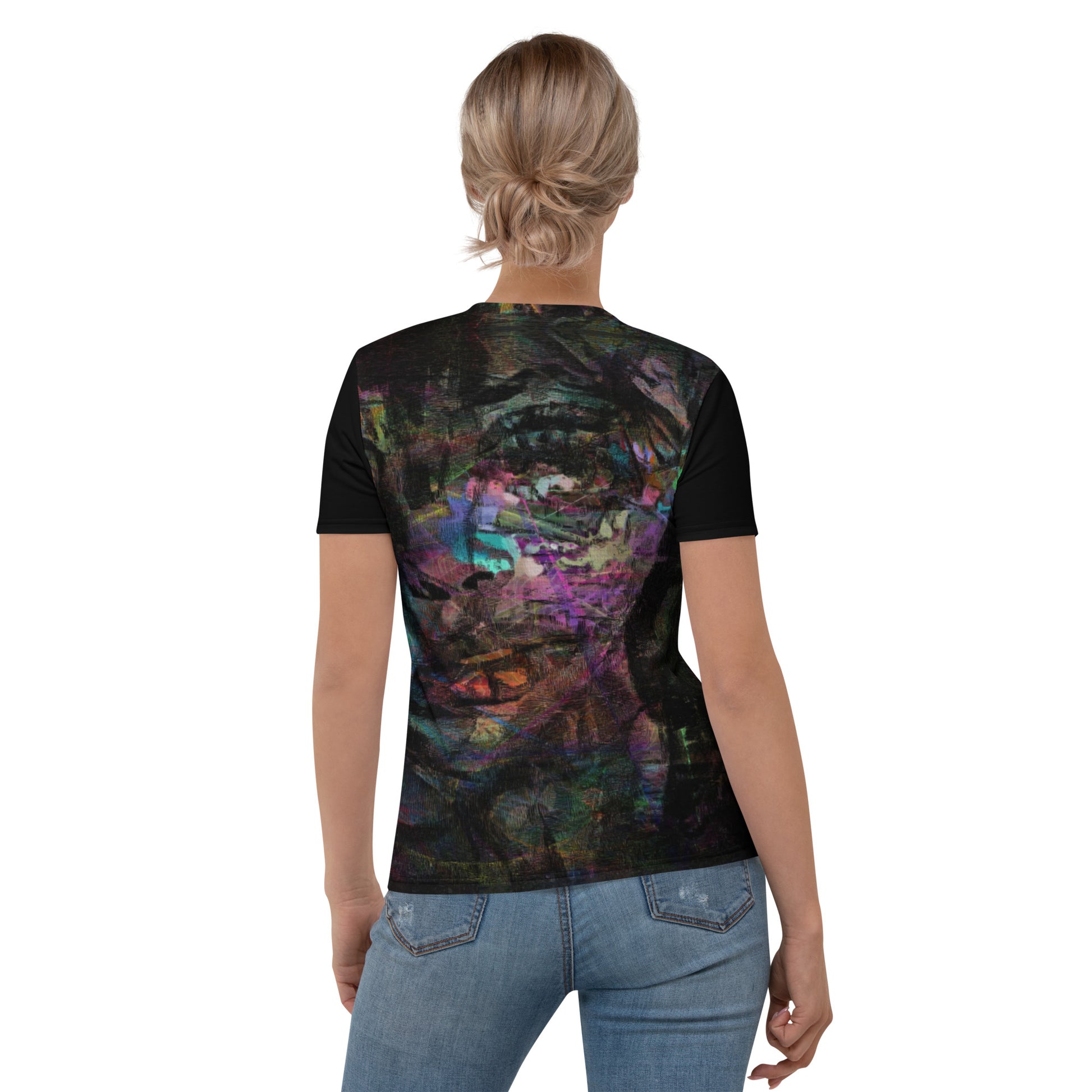 Abstract face graphic women’s tee: Hipyfi Chromatic Dreams T-Shirt with vibrant art. Soft, eco-friendly, made-to-order. back-2