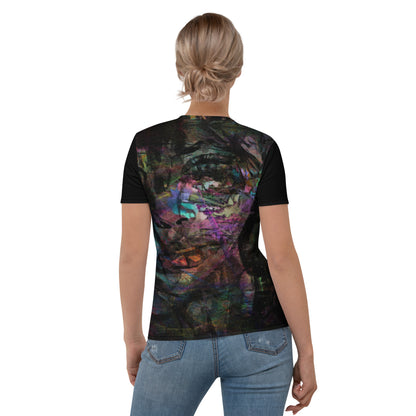 Abstract face graphic women’s tee: Hipyfi Chromatic Dreams T-Shirt with vibrant art. Soft, eco-friendly, made-to-order. back-2