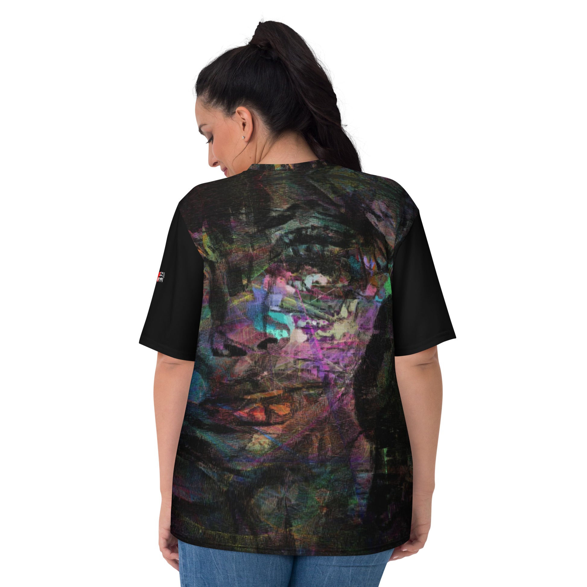 Abstract face graphic women’s tee: Hipyfi Chromatic Dreams T-Shirt with vibrant art. Soft, eco-friendly, made-to-order. back