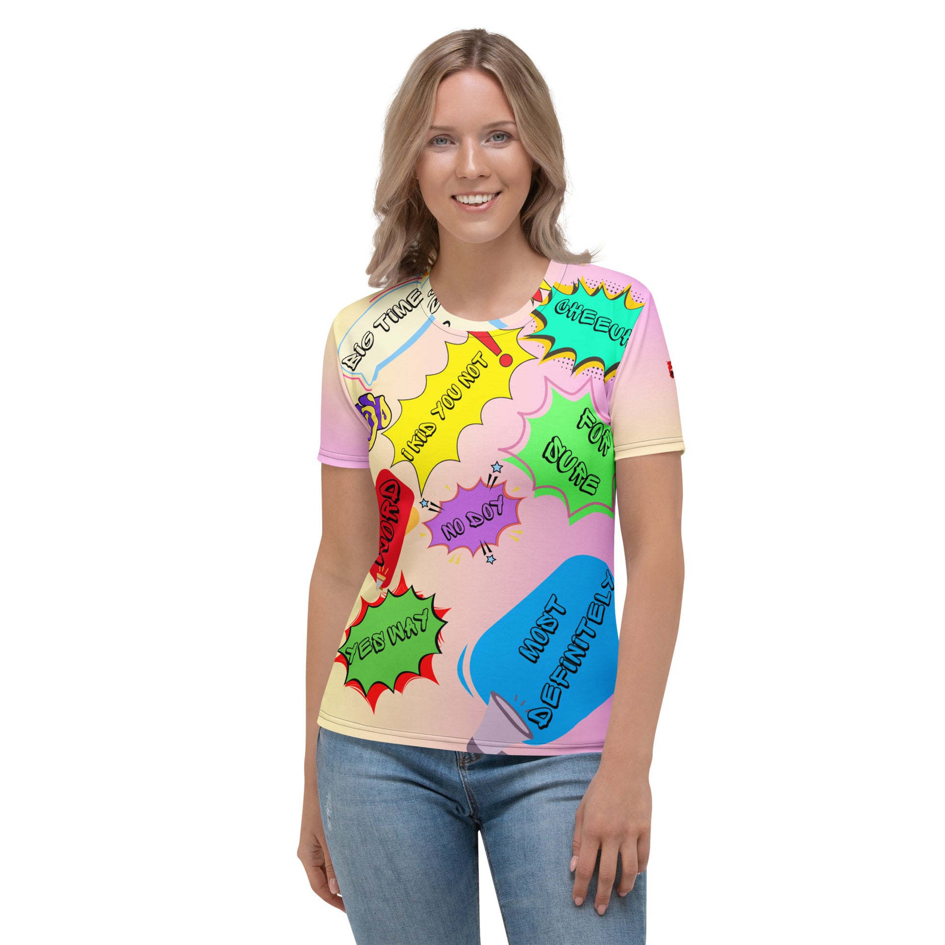 Hipyfi Women's Retro 80s Memphis Design Graphic Crew Neck Tee with vibrant pastel colors and bold typography. Front-2