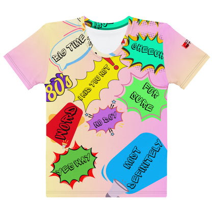 Hipyfi Women's Retro 80s Memphis Design Graphic Crew Neck Tee with vibrant pastel colors and bold typography. Front-6