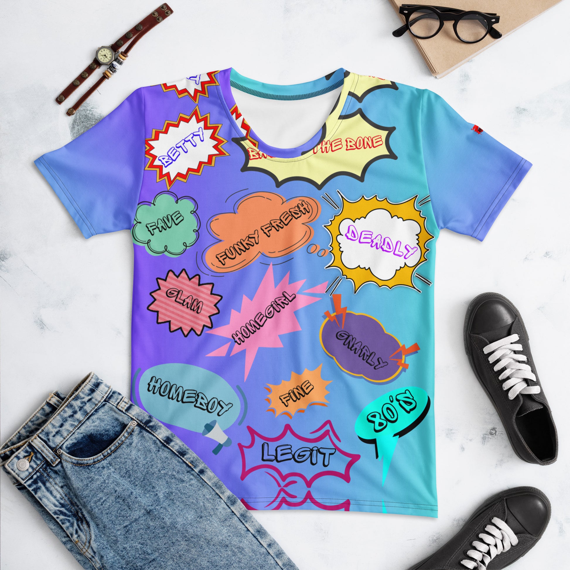 Women’s 80s Pop Art T-Shirt with Retro Neon Speech Bubbles – Hipyfi Clothes & Design. Front-4