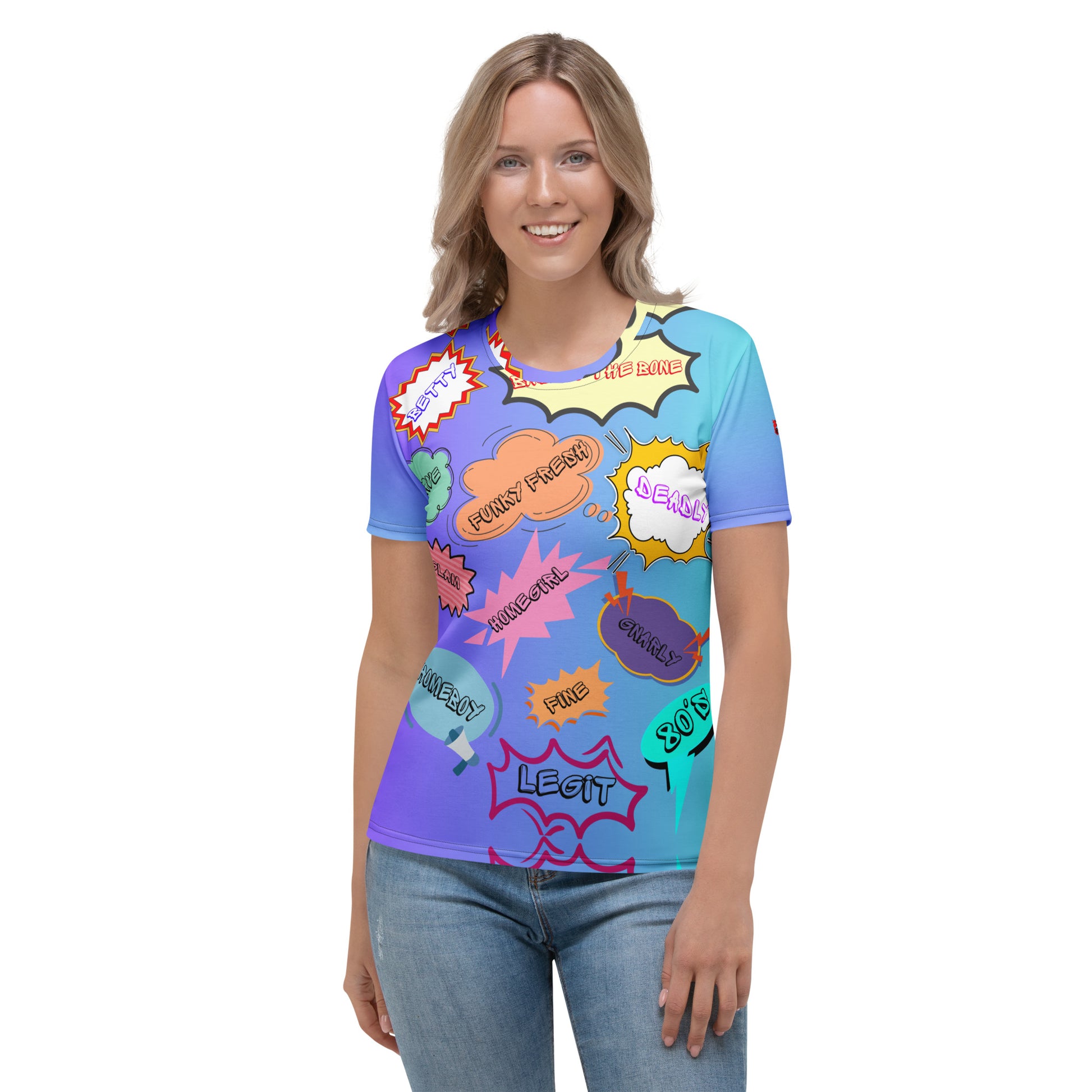 Women’s 80s Pop Art T-Shirt with Retro Neon Speech Bubbles – Hipyfi Clothes & Design. Front-2