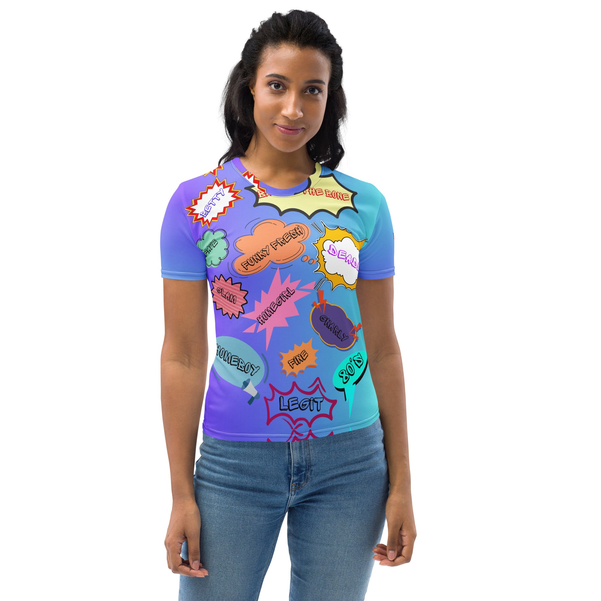 Women’s 80s Pop Art T-Shirt with Retro Neon Speech Bubbles – Hipyfi Clothes & Design. Front-3