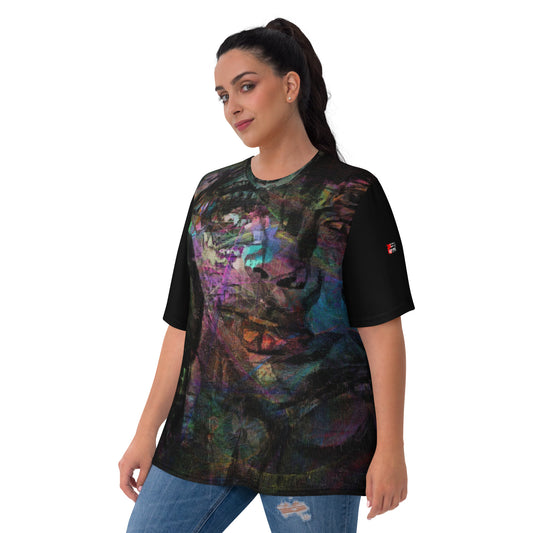 Abstract face graphic women’s tee: Hipyfi Chromatic Dreams T-Shirt with vibrant art. Soft, eco-friendly, made-to-order. front