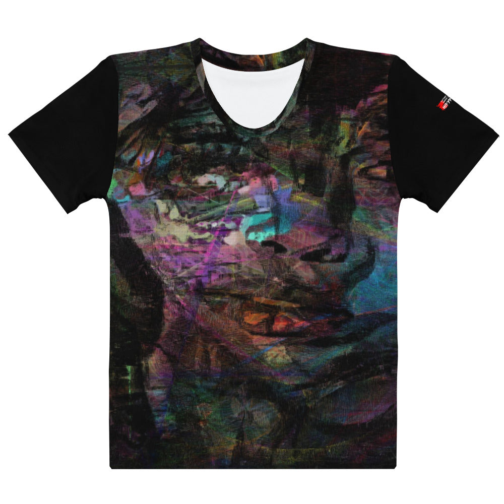 Abstract face graphic women’s tee: Hipyfi Chromatic Dreams T-Shirt with vibrant art. Soft, eco-friendly, made-to-order. front-3