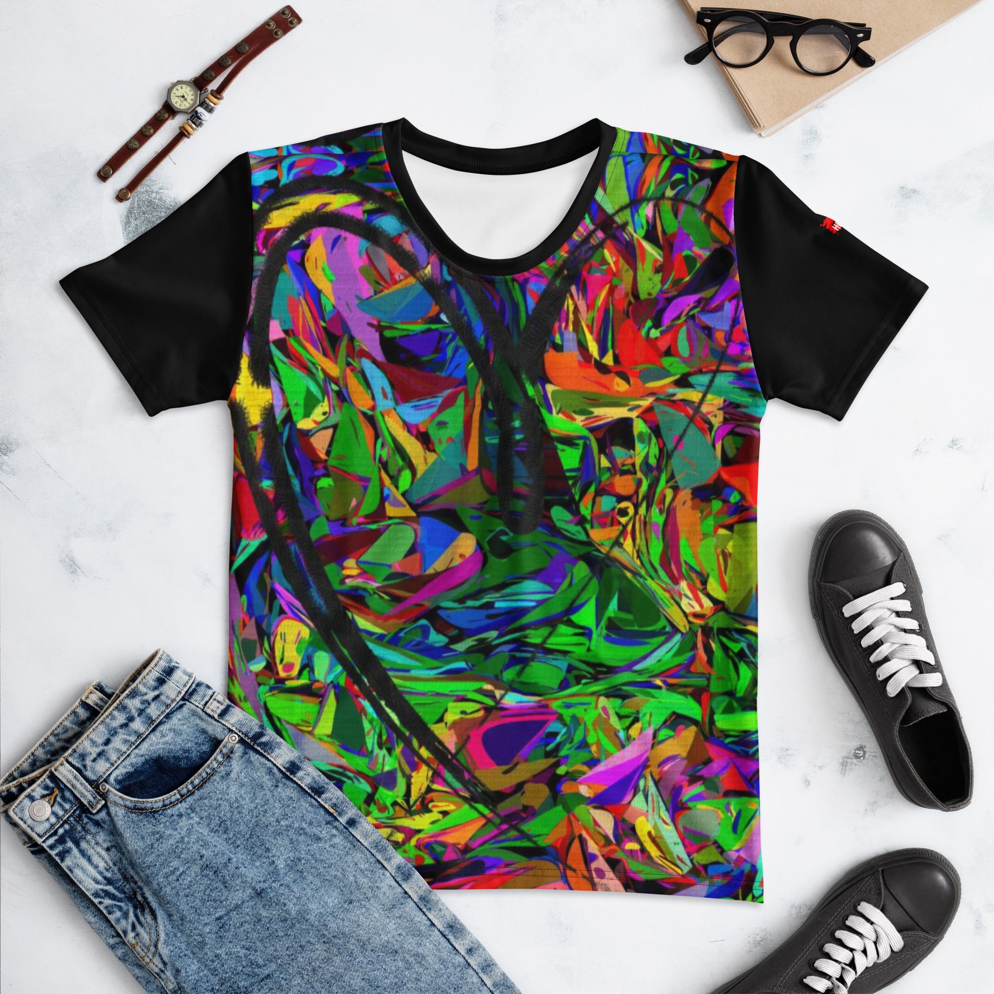 Neon Mythos Women's Crew Neck T-Shirt – Colorful abstract art graphic design by Hipyfi Clothes & Design Front-3