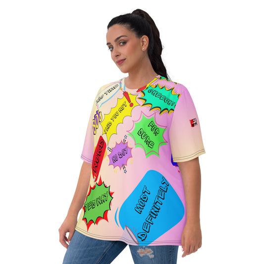 Hipyfi Women's Retro 80s Memphis Design Graphic Crew Neck Tee with vibrant pastel colors and bold typography. Front