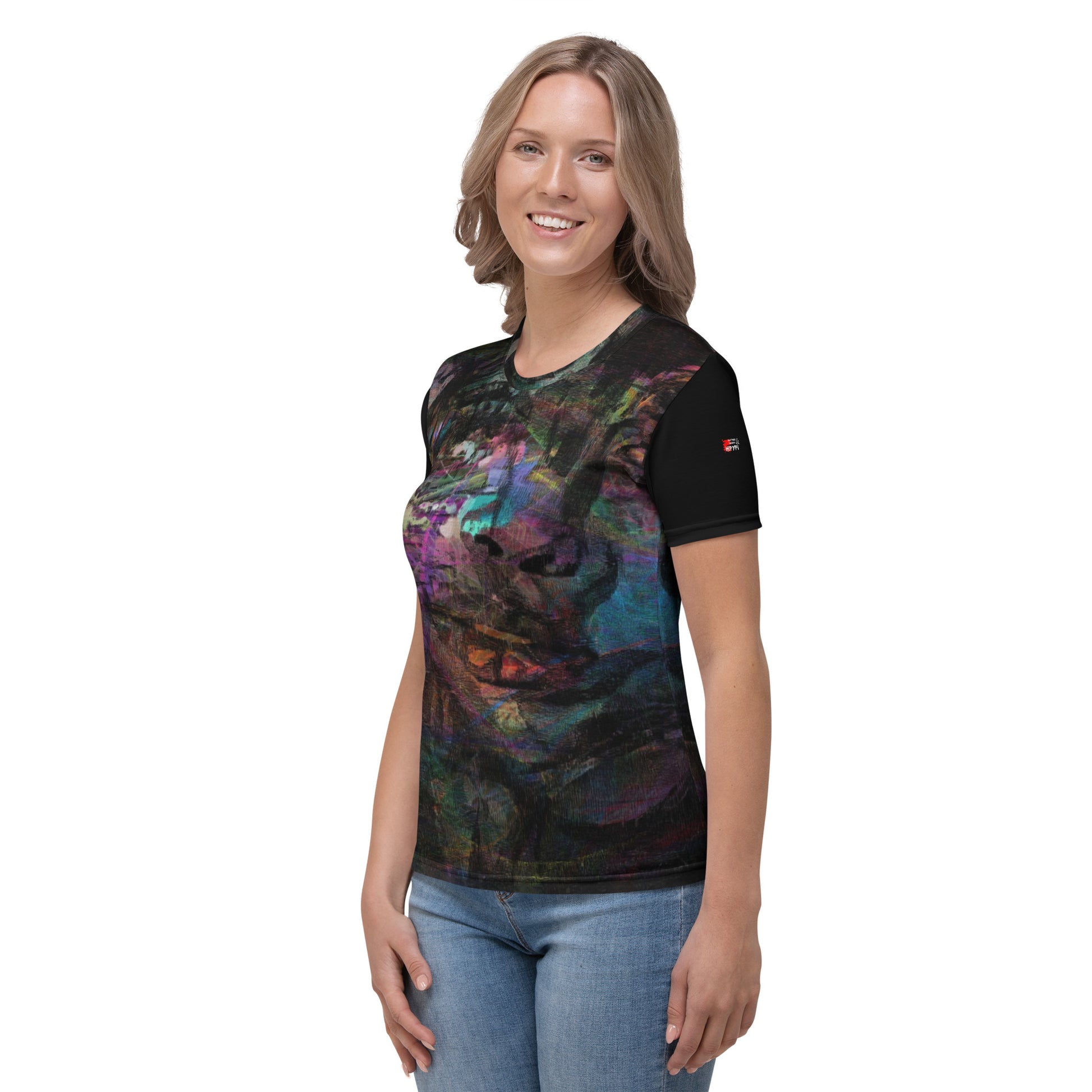 Abstract face graphic women’s tee: Hipyfi Chromatic Dreams T-Shirt with vibrant art. Soft, eco-friendly, made-to-order. left-2