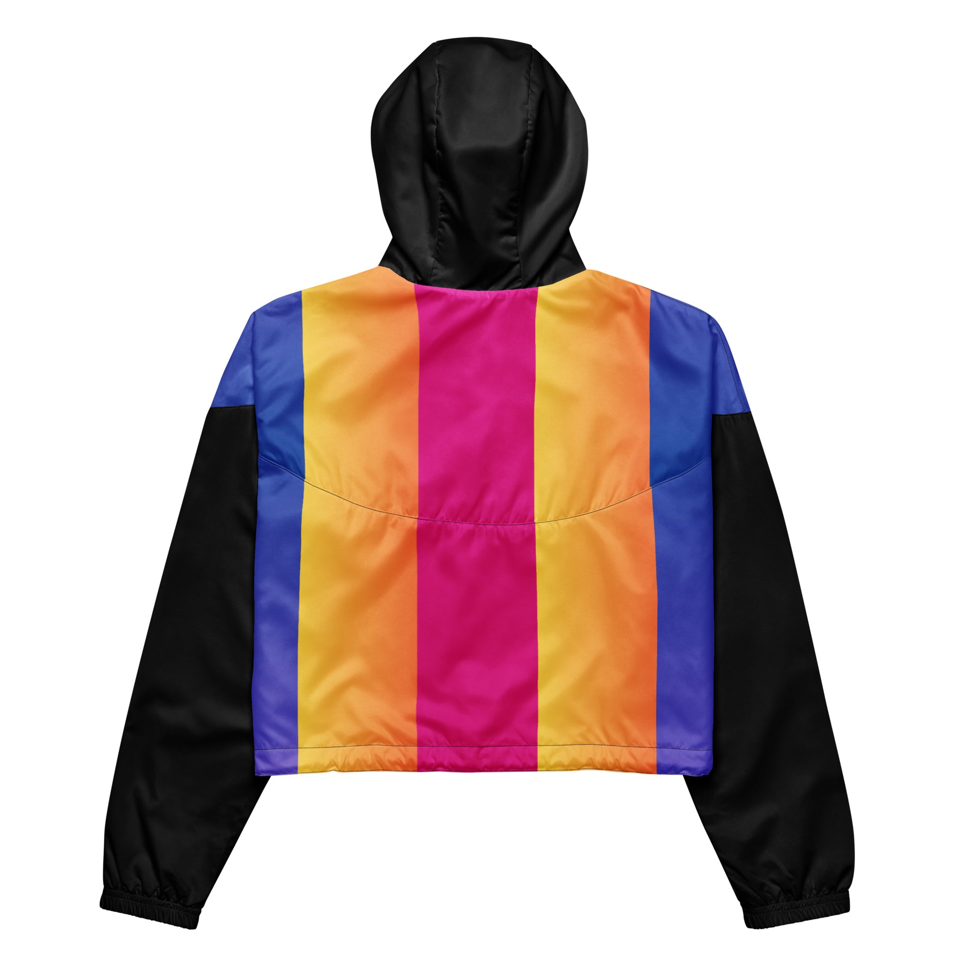 Hipyfi Women’s Lightweight Cropped Windbreaker in a pink-to-purple-to-yellow sunset gradient, showcasing Water-resistant fabric and adjustable hood – perfect for hiking, travel, or everyday style. back