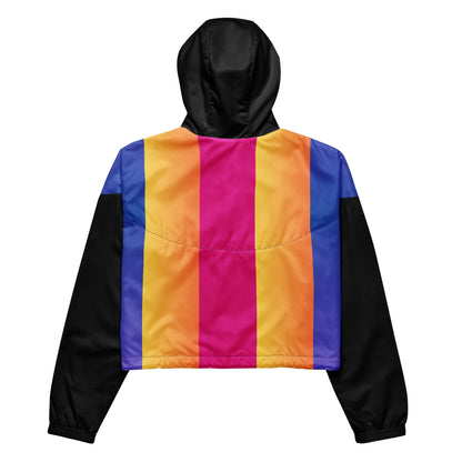 Hipyfi Women’s Lightweight Cropped Windbreaker in a pink-to-purple-to-yellow sunset gradient, showcasing Water-resistant fabric and adjustable hood – perfect for hiking, travel, or everyday style. back