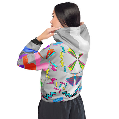 Hipyfi Women’s Retro 80s Graphic Print Cropped Windbreaker with bold neon comic-book slang, retro-futuristic geometric patterns, and contrasting vibrant sleeves. Black back