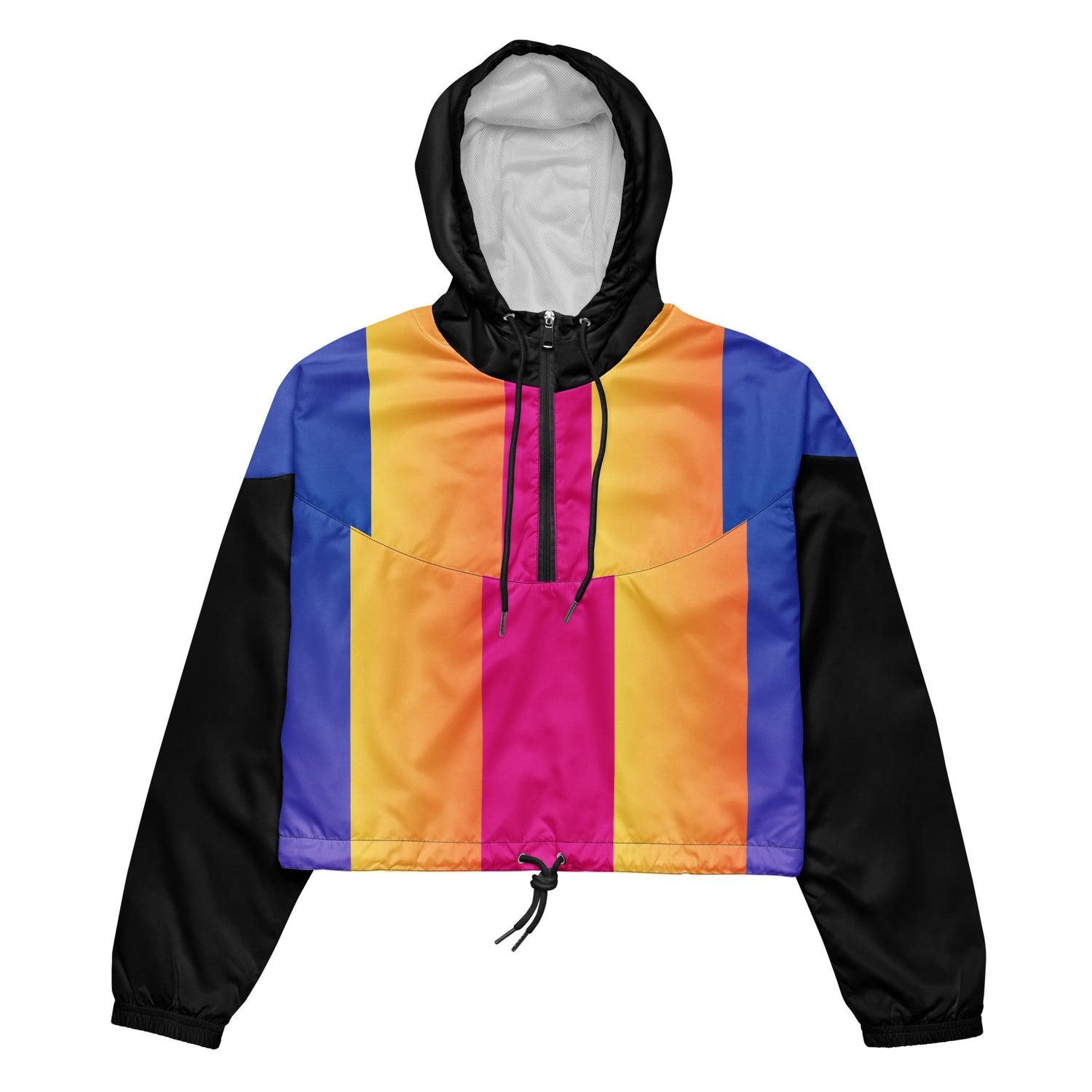 Hipyfi Women’s Lightweight Cropped Windbreaker in a pink-to-purple-to-yellow sunset gradient, showcasing Water-resistant fabric and adjustable hood – perfect for hiking, travel, or everyday style. front