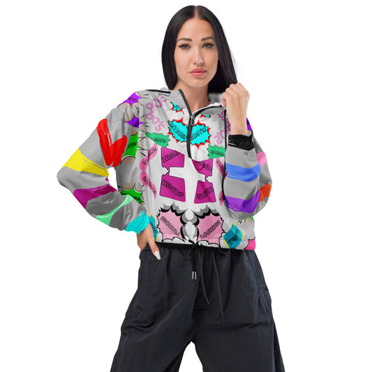 Hipyfi Women’s Retro 80s Graphic Print Cropped Windbreaker with bold neon comic-book slang, retro-futuristic geometric patterns, and contrasting vibrant sleeves. Black front