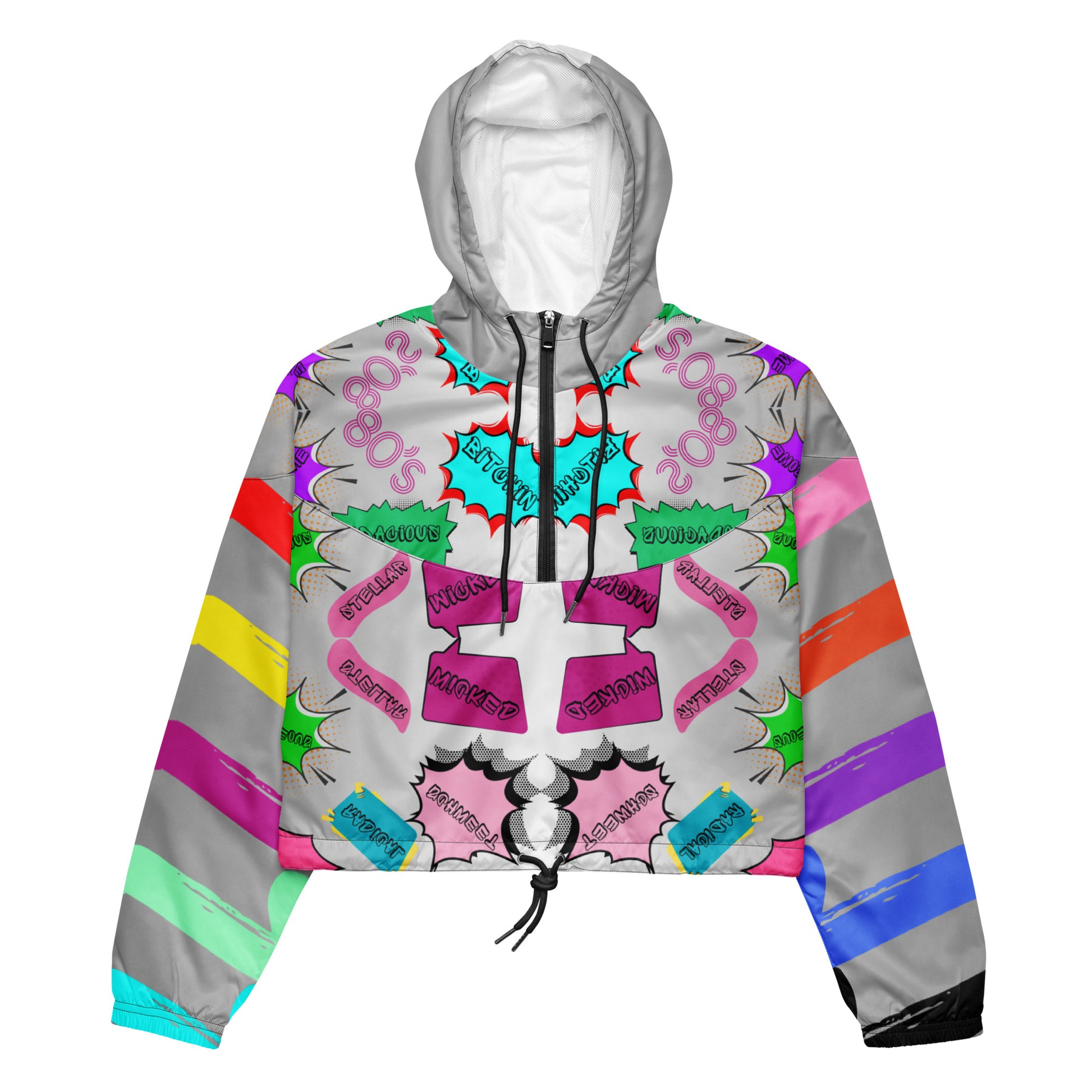 Hipyfi Women’s Retro 80s Graphic Print Cropped Windbreaker with bold neon comic-book slang, retro-futuristic geometric patterns, and contrasting vibrant sleeves. Black-front