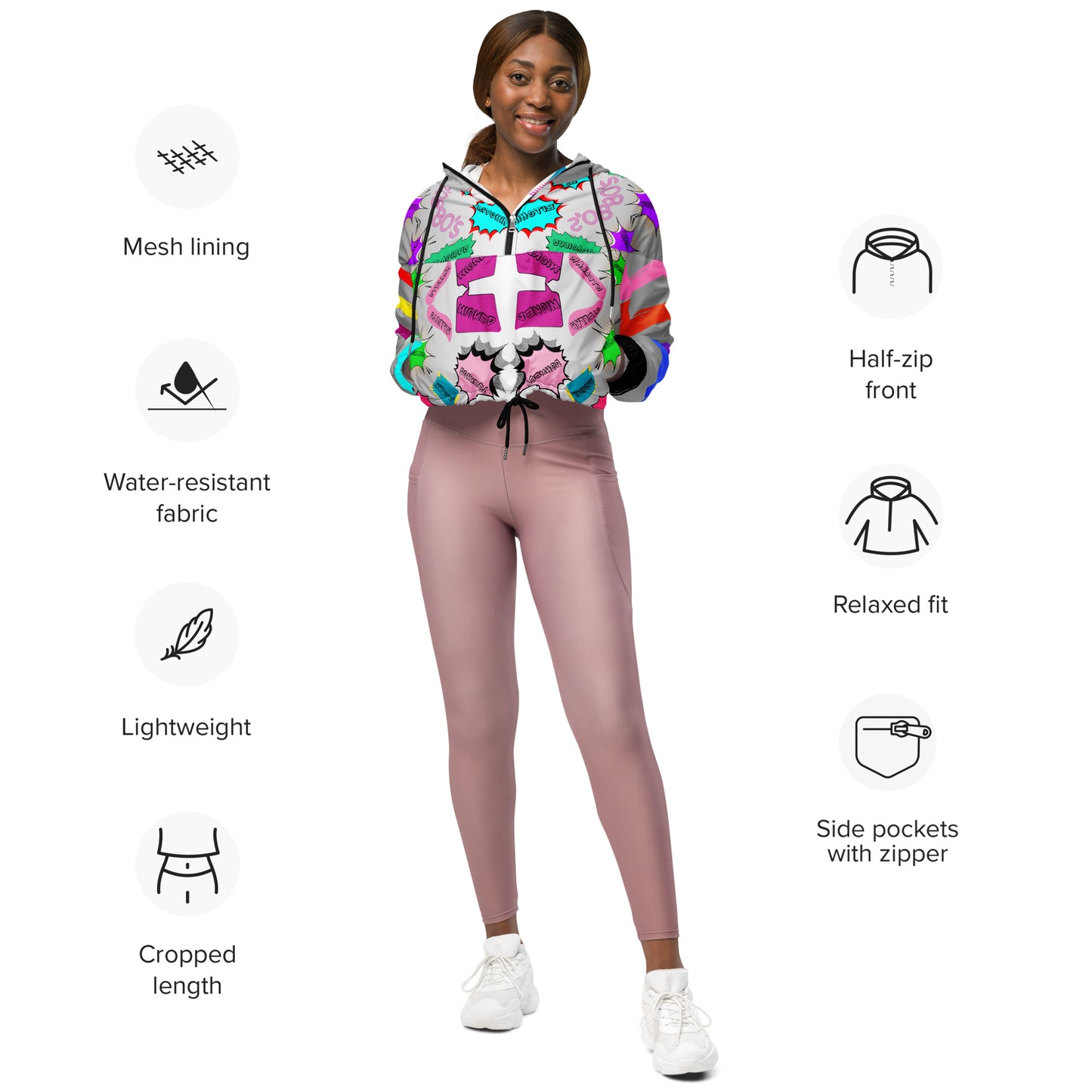 Hipyfi Women’s Retro 80s Graphic Print Cropped Windbreaker with bold neon comic-book slang, retro-futuristic geometric patterns, and contrasting vibrant sleeves. Product-info