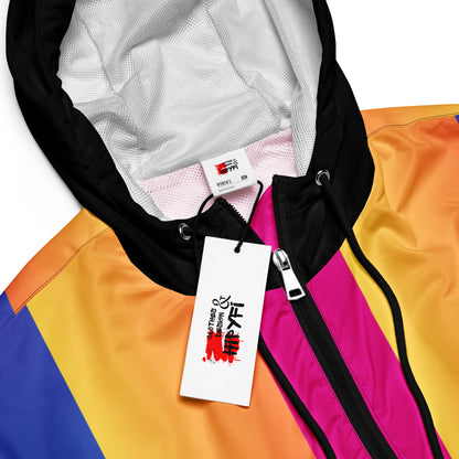 Hipyfi Women’s Lightweight Cropped Windbreaker in a pink-to-purple-to-yellow sunset gradient, showcasing Water-resistant fabric and adjustable hood – perfect for hiking, travel, or everyday style. product-details