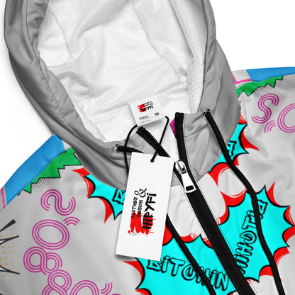 Hipyfi Women’s Retro 80s Graphic Print Cropped Windbreaker with bold neon comic-book slang, retro-futuristic geometric patterns, and contrasting vibrant sleeves. black-product-details
