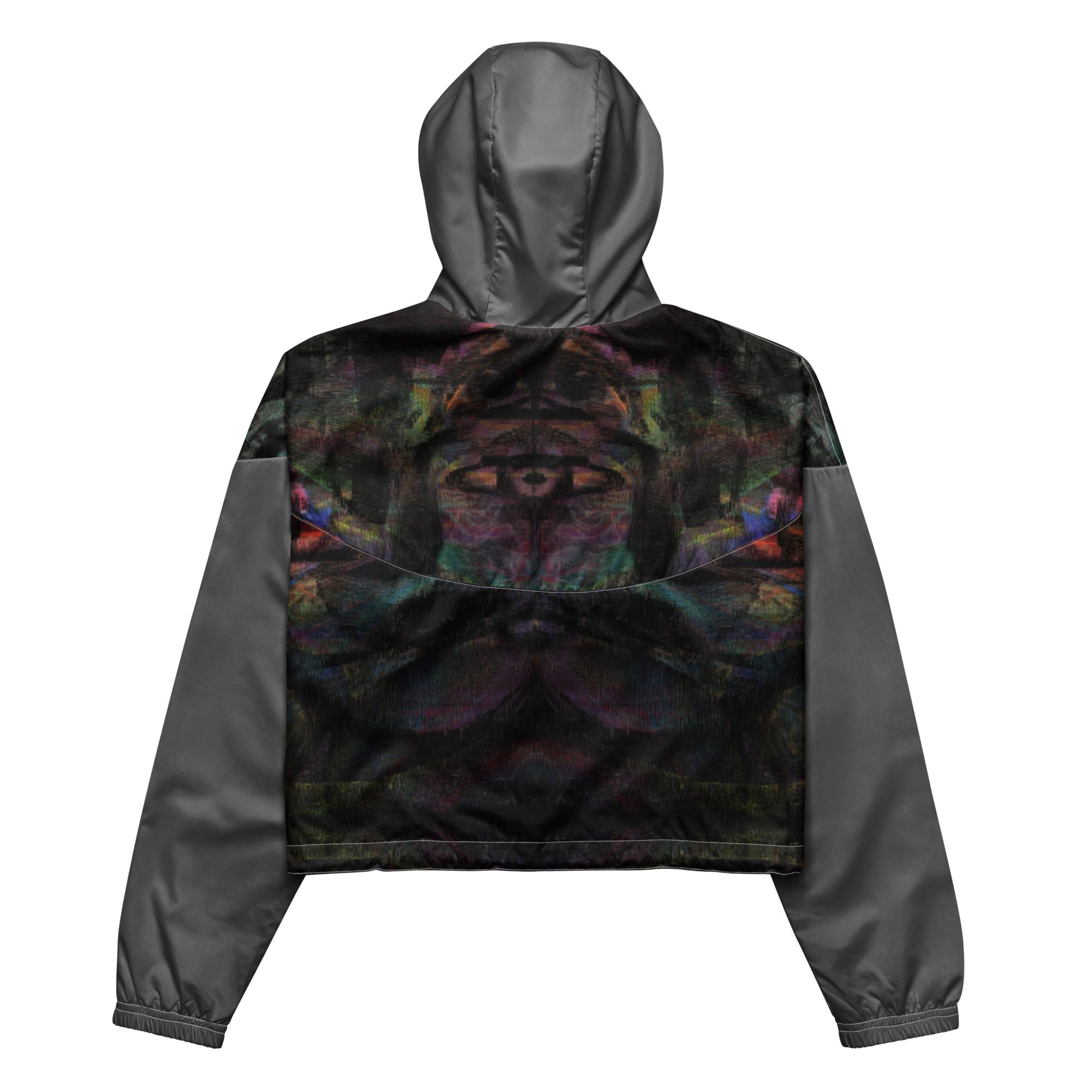 Women's cropped windbreaker by Hipyfi Clothes & Design, featuring a vibrant abstract print. Lightweight, water-resistant jacket, adventure-ready style. Back