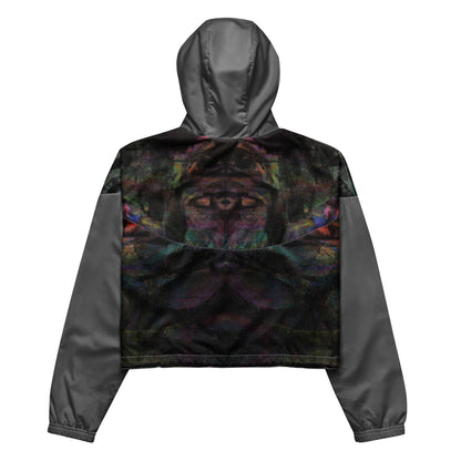 Women's cropped windbreaker by Hipyfi Clothes & Design, featuring a vibrant abstract print. Lightweight, water-resistant jacket, adventure-ready style. Back