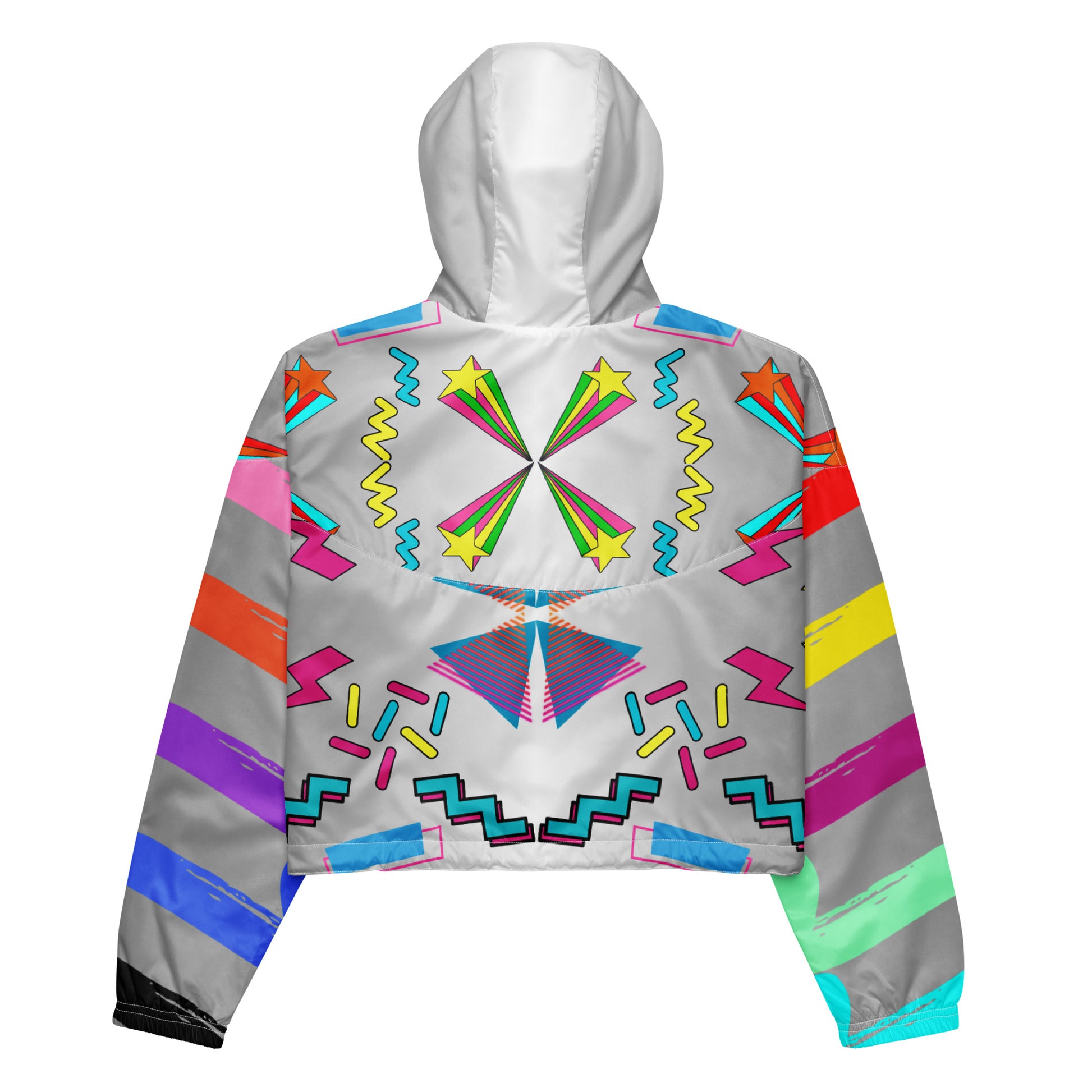 Hipyfi Women’s Retro 80s Graphic Print Cropped Windbreaker with bold neon comic-book slang, retro-futuristic geometric patterns, and contrasting vibrant sleeves. white-back-2