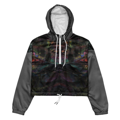 Women's cropped windbreaker by Hipyfi Clothes & Design, featuring a vibrant abstract print. Lightweight, water-resistant jacket, adventure-ready style. Front
