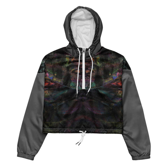 Women's cropped windbreaker by Hipyfi Clothes & Design, featuring a vibrant abstract print. Lightweight, water-resistant jacket, adventure-ready style. Front