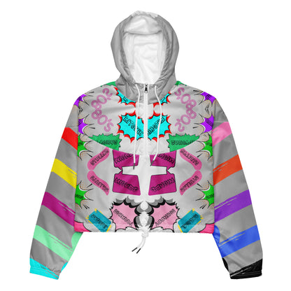 Hipyfi Women’s Retro 80s Graphic Print Cropped Windbreaker with bold neon comic-book slang, retro-futuristic geometric patterns, and contrasting vibrant sleeves. white-front-2