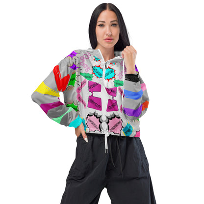 Hipyfi Women’s Retro 80s Graphic Print Cropped Windbreaker with bold neon comic-book slang, retro-futuristic geometric patterns, and contrasting vibrant sleeves. white-front