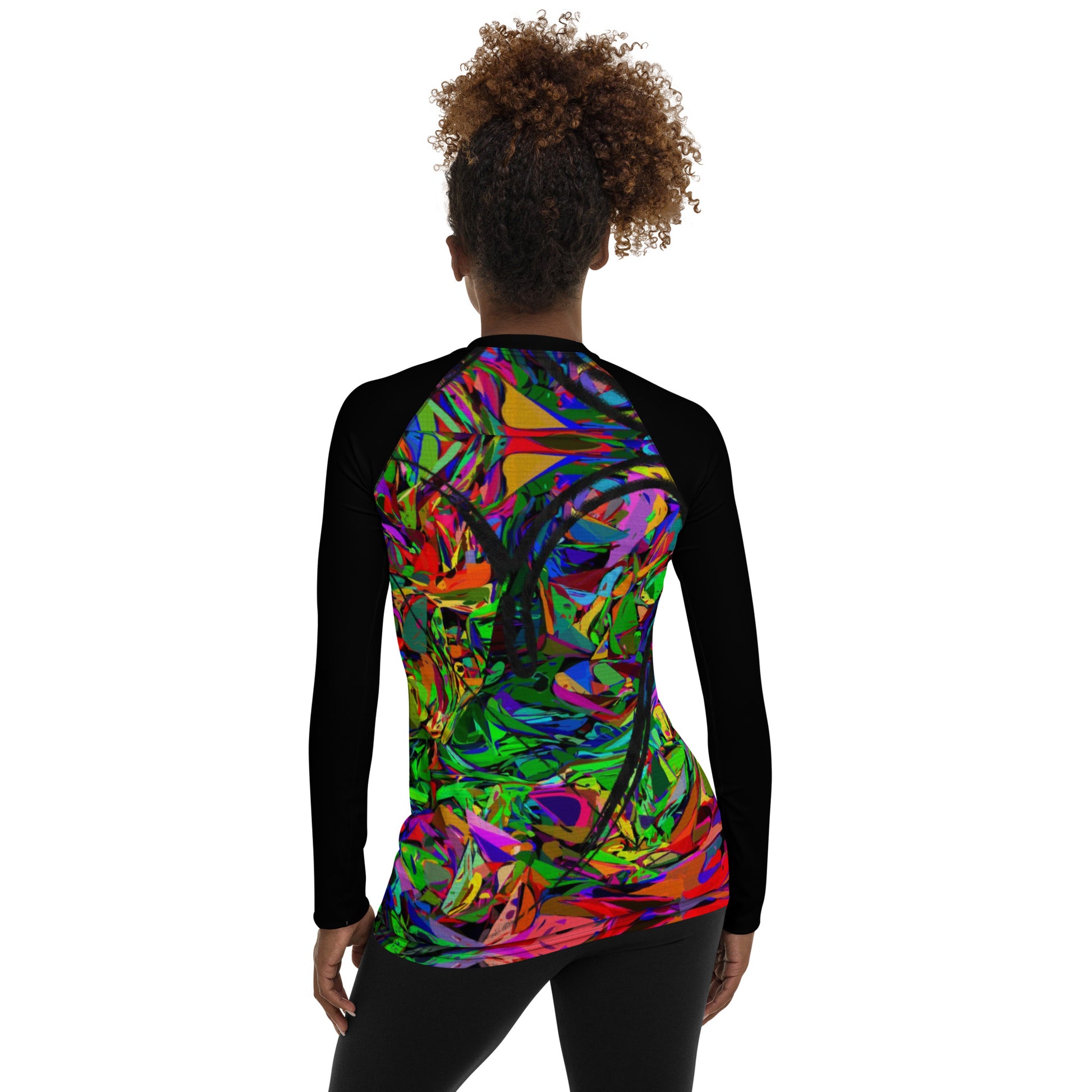Women's abstract neon rash guard with UPF 50+ – street art UV surf shirt by Hipyfi Back-2