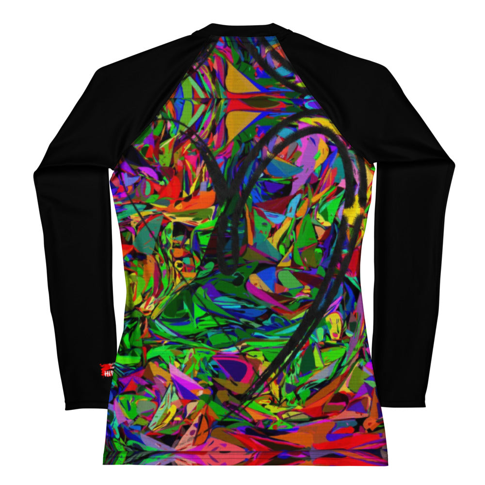 Women's abstract neon rash guard with UPF 50+ – street art UV surf shirt by Hipyfi Back-4